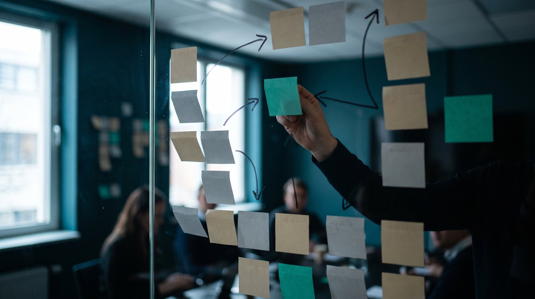 Workshop de mapeamento de processos com fluxo desenhado em painel de vidro