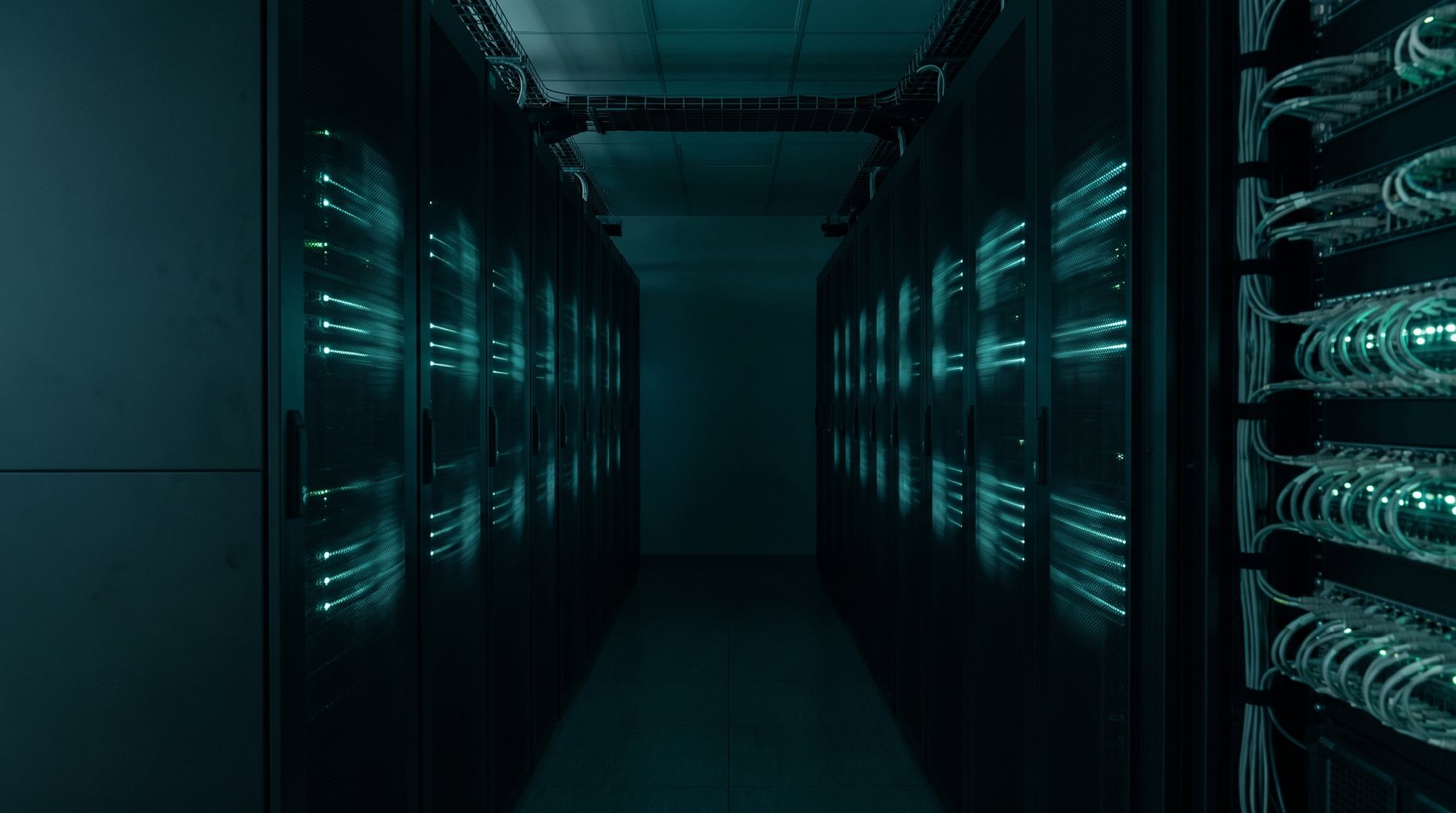 Corredor de datacenter durante uma migração de ambiente