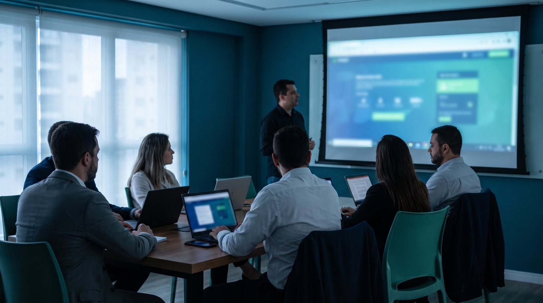 Turma de treinamento de Odoo em ambiente corporativo