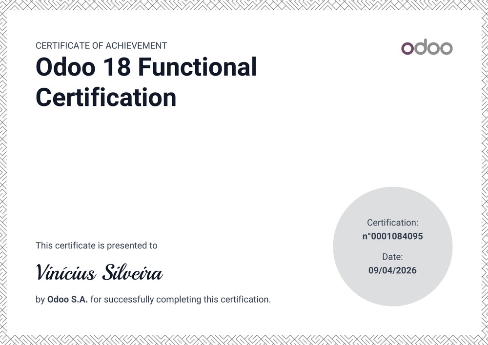 Certificado Odoo 18 Functional Certification de Vinícius Silveira