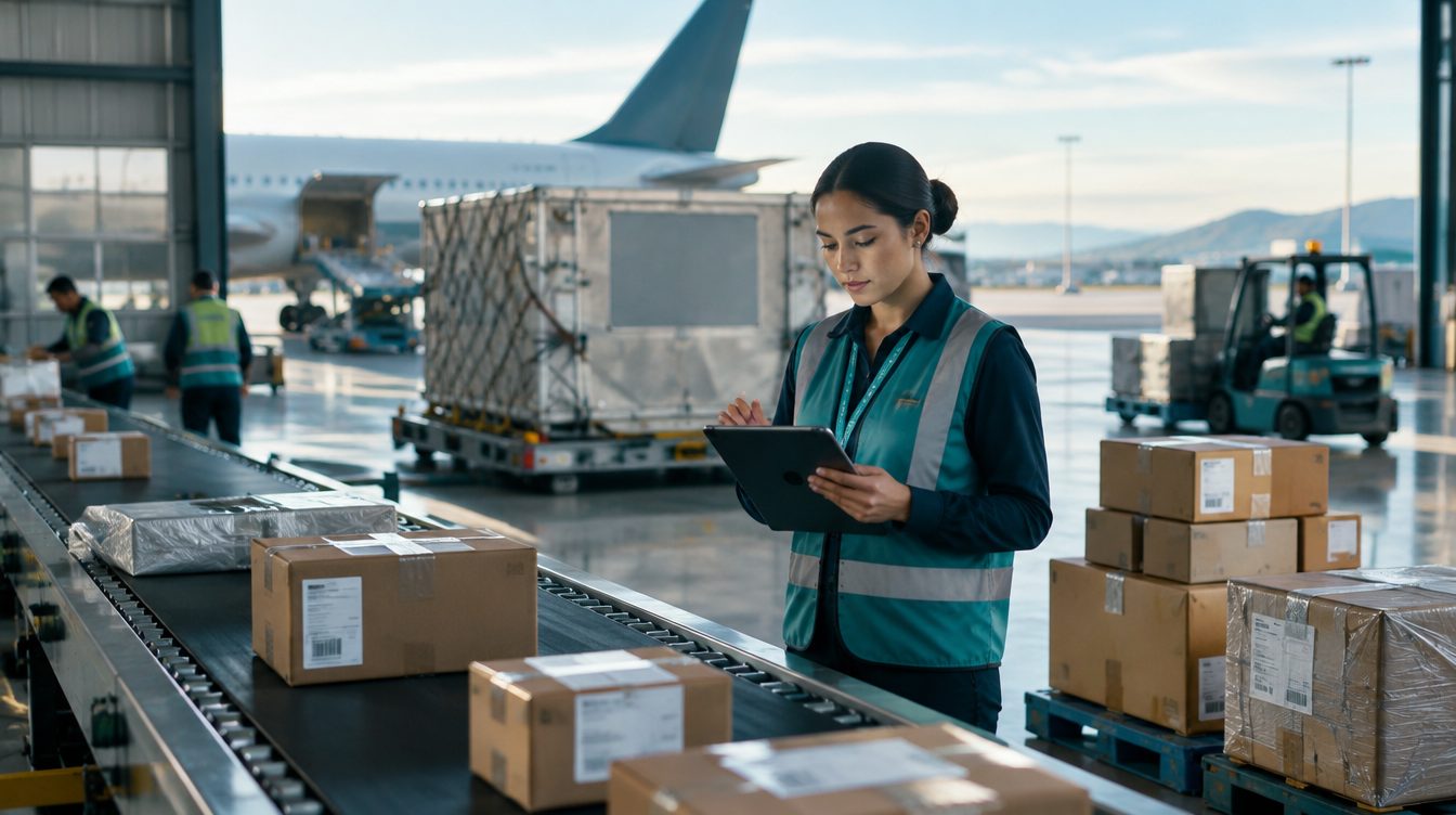 Coordenadora de logística com tablet num terminal de carga aérea, com volumes na esteira